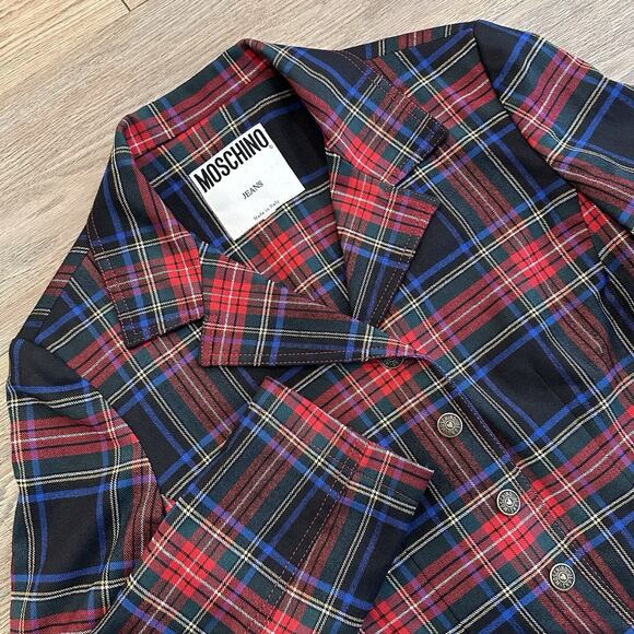 Vintage 90s Moschino Jeans Blazer Jacket Y2K Plaid Tartan Womens S/M Tweed EUC - Picture 2 of 14